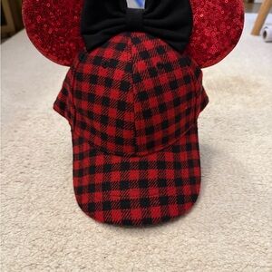 Red Plaid Minnie Mouse Cap with Sequin Ears